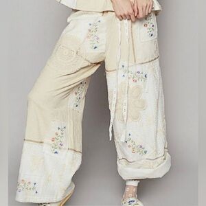 POL Embroidered Drawstring Lace
Patchwork Wide Leg Pants NWOT